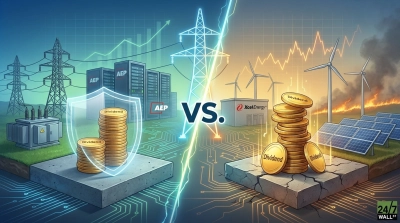 A graphic split into two halves by a central lightning bolt and 'VS.' text. The left side, representing AEP, features traditional power infrastructure including transmission towers, a substation, and server racks labeled 'AEP'. Stacks of gold coins marked 'Dividend' are shown under a protective shield, set against an upward-trending green stock chart. The right side, representing Xcel Energy, displays renewable energy assets like wind turbines and solar panels, with a building labeled 'Xcel Energy'. Stacks of gold 'Dividend' coins rest on cracked earth, against a volatile orange stock chart and a burning field. A circuit board pattern runs across the bottom of the entire image.