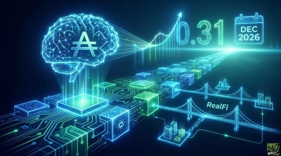 A futuristic graphic depicting a glowing, wireframe human brain with the Cardano (ADA) symbol at its center, connected to a digital circuit board path. The path is lined with glowing blue and green cubic components, leading to an upward-trending green graph that displays '0.31' and a calendar icon indicating 'DEC 2026'. Below the path, blue outlines of suspension bridges bear the text 'RealFi', alongside minimalist cityscapes, all against a dark blue background.