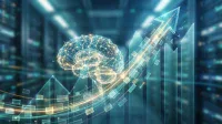 A luminous, interconnected wireframe representation of a human brain sits prominently on the left, rendered in glowing blue and gold lines. To its right, a dynamic, upward-trending bar graph made of translucent blue segments rises sharply, culminating in a large, glowing upward arrow at the top right. The background is a softly blurred, futuristic data center or server room, primarily in shades of blue and teal, adding to the technological and advanced atmosphere.