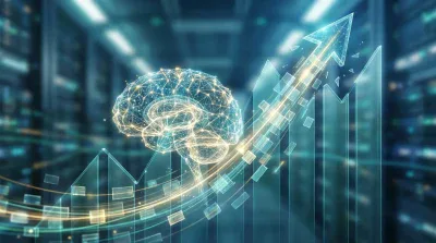 A luminous, interconnected wireframe representation of a human brain sits prominently on the left, rendered in glowing blue and gold lines. To its right, a dynamic, upward-trending bar graph made of translucent blue segments rises sharply, culminating in a large, glowing upward arrow at the top right. The background is a softly blurred, futuristic data center or server room, primarily in shades of blue and teal, adding to the technological and advanced atmosphere.