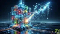 A vibrant digital illustration showcases a futuristic data center composed of stacked, translucent glowing cubes, some labeled 'AI' and featuring circuit board designs or brain icons. Bright, multi-colored data streams flow from the base of the structure. To the right, a large, glowing blue arrow, indicating growth, overlays a digital world map and a stock market candlestick chart with green and red bars. The entire scene is connected by glowing blue network lines on a dark blue background, with the '24/7 WALL ST' logo in the bottom right corner.