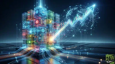 A vibrant digital illustration showcases a futuristic data center composed of stacked, translucent glowing cubes, some labeled 'AI' and featuring circuit board designs or brain icons. Bright, multi-colored data streams flow from the base of the structure. To the right, a large, glowing blue arrow, indicating growth, overlays a digital world map and a stock market candlestick chart with green and red bars. The entire scene is connected by glowing blue network lines on a dark blue background, with the '24/7 WALL ST' logo in the bottom right corner.