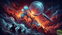 An illustrative image depicting a cryptocurrency market downturn. In the center, a large magnifying glass with a cracked lens hovers over scattered and falling stacks of Bitcoin (B), Ethereum (ETH), and generic altcoin symbols, along with dollar bills, all amidst glowing orange and red light. A prominent downward-trending financial chart dominates the background, framed by dark, ominous clouds and electronic data. Silhouetted figures of people, appearing stressed or concerned, are visible in the foreground and lower left, observing the market's decline. The overall scene is dark, intense, and fiery, conveying a sense of crisis. A '24/7 WALL ST' logo is in the bottom right.