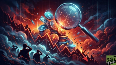 An illustrative image depicting a cryptocurrency market downturn. In the center, a large magnifying glass with a cracked lens hovers over scattered and falling stacks of Bitcoin (B), Ethereum (ETH), and generic altcoin symbols, along with dollar bills, all amidst glowing orange and red light. A prominent downward-trending financial chart dominates the background, framed by dark, ominous clouds and electronic data. Silhouetted figures of people, appearing stressed or concerned, are visible in the foreground and lower left, observing the market's decline. The overall scene is dark, intense, and fiery, conveying a sense of crisis. A '24/7 WALL ST' logo is in the bottom right.