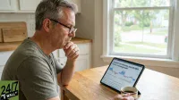 A middle-aged man with gray hair and glasses, wearing a light green t-shirt, sits at a light wooden table. He has his hand on his chin and is intently looking at a black tablet. The tablet displays a financial chart with red and blue lines and a partial headline that reads 'Amazon for Amazon and NVIDIA'. A two-toned coffee mug sits to the right of the tablet. In the background, a large window shows a blurred view of a green suburban street, and white kitchen cabinets are visible.