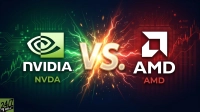 A graphic illustration shows NVIDIA's logo, text, and NVDA ticker on a green, circuit-patterned background on the left, facing AMD's logo, text, and AMD ticker on a red, circuit-patterned background on the right. A gold 'VS.' with a bright, explosive energy burst in the center visually separates the two companies, symbolizing competition. Stock graphs are faintly visible in the background.