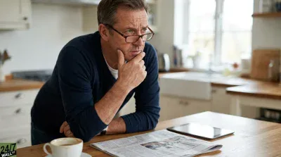 A middle-aged man with glasses and a navy blue sweater leans on a light wooden kitchen counter, his hand on his chin in thought as he reads a newspaper. A white coffee cup and a black tablet rest on the counter beside him, with a bright, modern kitchen and window visible in the soft-focus background.