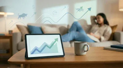 A tablet on a light wooden table displays a blue and green line graph with an upward arrow indicating growth. A light brown ceramic coffee mug sits beside it. In the blurred background, a person with dark hair, wearing jeans and a light top, relaxes on a sofa. Transparent graphic overlays of financial symbols, including a bull, dollar sign, and upward-trending arrows, are visible across the upper part of the image.