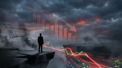 A man in a dark suit stands on a cracked cliff, gazing across a chasm filled with illuminated red and green financial data and stock lines. In the background, a large bar chart with a downward-pointing arrow symbolizes decline. A shopping cart and car are visible in mist on the left, while a charging bull statue stands on another distant cliff to the right, all under a stormy, dark sky with hints of orange and red.
