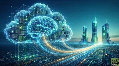 A highly stylized digital graphic depicting a glowing blue human brain made of interconnected nodes, positioned within a translucent cloud containing abstract server racks and data elements. Bright blue and gold light trails stream from the cloud, converging towards a distant cityscape of futuristic, illuminated skyscrapers over a glowing circuit board landscape. The overall scene is imbued with a dynamic, high-tech aesthetic.