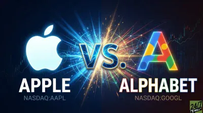 A vivid graphic showing the white Apple logo on the left and a colorful, stylized 'A' representing Alphabet on the right, separated by a glowing blue and gold 'VS.' symbol. Blue light streaks emanate from the left, and multicolored light streaks from the right, meeting at the center. The background features subtle financial market charts. Below the logos are the company names 'APPLE' and 'ALPHABET' with their respective NASDAQ tickers 'AAPL' and 'GOOGL'.