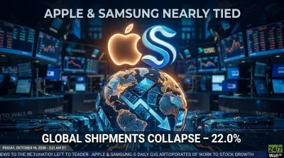 A futuristic image featuring a dark, high-tech stock market trading floor with multiple screens displaying graphs and financial data. In the foreground, a glowing golden Apple logo is shown next to a stylized glowing blue 'S' logo for Samsung. Beneath them, a glowing globe patterned with circuit board lines and embedded with smartphone screens has a large blue downward-pointing arrow. Overlaying the image, text reads "APPLE & SAMSUNG NEARLY TIED" and "GLOBAL SHIPMENTS COLLAPSE - 22.0%".