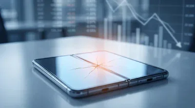 A close-up of a silver foldable smartphone with a visibly cracked screen, lying flat on a light grey table. The cracks radiate from the center fold of the screen, with a subtle warm glow around the impact point. In the blurred background, stock market data and a line graph showing a downward trend are visible, against a cool blue and grey palette.