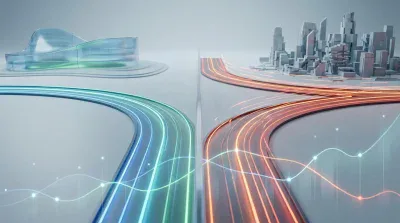 A minimalist 3D rendering showing two illuminated, curving paths on a light gray surface, separated by a thin vertical division. The path on the left glows in shades of blue and green, leading towards a sleek, translucent, modern architectural structure. The path on the right glows in hues of orange and red, extending towards an abstract, stylized light gray cityscape. Faint wavy lines with glowing data points are visible below both paths, representing underlying data or trends. The overall aesthetic is futuristic and analytical, symbolizing divergent economic or technological paths.