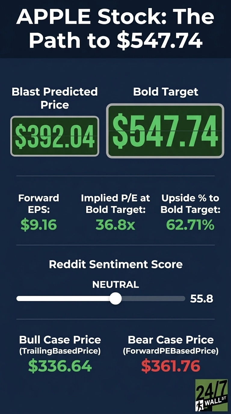 An infographic titled 'APPLE Stock: The Path to $547.74' on a dark blue background with white text. It displays several key financial metrics and stock price predictions for Apple. In the top section, it shows 'Blast Predicted Price' as $392.04 in a green box and 'Bold Target' as $547.74 in a larger green box. Below this, it lists 'Forward EPS' as $9.16, 'Implied P/E at Bold Target' as 36.8x, and 'Upside % to Bold Target' as 62.71%, all in green text. A 'Reddit Sentiment Score' is shown with a slider set to 'NEUTRAL' and a value of 55.8. In the bottom section, 'Bull Case Price (TrailingBasedPrice)' is $336.64 in green, and 'Bear Case Price (ForwardPEBasedPrice)' is $361.76 in red. The logo '24/7 WALL ST' is in the bottom right corner.
