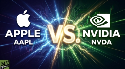 A vibrant graphic depicting a showdown between Apple and Nvidia. On the left, the white Apple logo with 'APPLE' and 'AAPL' text is set against a blue background with circuit board lines and lightning bolts. On the right, the white Nvidia logo with 'NVIDIA' and 'NVDA' text is set against a green background with similar circuit patterns and lightning. A glowing gold 'VS.' symbol is prominently displayed in the center, separating the two sides. Stock market candlestick charts are faintly visible in the background on both sides, and a '24/7 WALL ST' logo is in the bottom left corner.