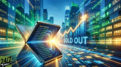 A stylized image features an open, glowing foldable smartphone displaying 'Order Confirmation' and 'Sold Out' messages on its screens. In the background, sleek blue-tinted skyscrapers are visible, some with green digital stock tickers. A large, bright orange and blue upward-trending arrow graph points towards the right, with the words 'SOLD OUT' in prominent blue letters in the foreground. Digital data streams in glowing blue and orange lines radiate from the phone across a reflective surface. The bottom left corner features a '24/7 WALL ST' logo.