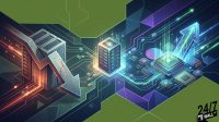 An isometric digital artwork showing a split between a downward-pointing grey arrow over server blocks and an upward-pointing neon blue arrow over a microchip, representing diverging market trends.