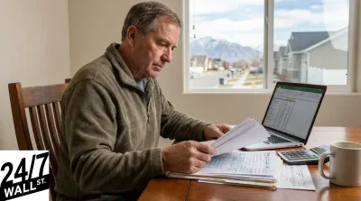 A man with gray hair, wearing a brown fleece jacket, sits at a wooden table reviewing papers. On the table are stacks of documents, a silver laptop displaying a spreadsheet, a black calculator, and a white coffee mug. In the background, a large window shows a street with houses and snow-capped mountains under a clear sky. A '24/7 WALL ST.' logo is in the bottom left corner.