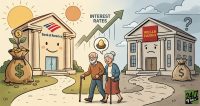 A cartoon illustration of an elderly couple choosing between a happy Bank of America and a sad Wells Fargo, with a rising arrow representing interest rates.