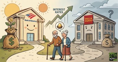A cartoon illustration of an elderly couple choosing between a happy Bank of America and a sad Wells Fargo, with a rising arrow representing interest rates.