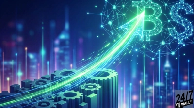 A digital graphic depicting financial growth and technology. A series of dark blue gears and blocks form a base on the left, from which a bright green and blue glowing arrow arcs upwards towards the right. The arrow passes through interconnected network symbols that form a Bitcoin 'B' and a Dollar '$' sign. Streaks of light emanate from the arrow, and a blurred background shows abstract vertical light lines resembling city buildings.