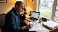 An older man with grey hair, wearing a dark blue long-sleeved shirt, sits at a wooden desk with his hand on his forehead, looking stressed. He is looking down at a calendar with dates circled and notes, holding a pen. A silver laptop showing a spreadsheet, a mug, a digital clock displaying '3:45', and stacks of documents are also on the desk. A window in the background shows a suburban street.