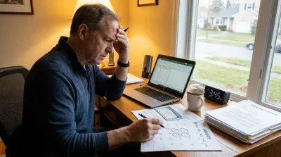 An older man with grey hair, wearing a dark blue long-sleeved shirt, sits at a wooden desk with his hand on his forehead, looking stressed. He is looking down at a calendar with dates circled and notes, holding a pen. A silver laptop showing a spreadsheet, a mug, a digital clock displaying '3:45', and stacks of documents are also on the desk. A window in the background shows a suburban street.