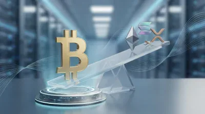 A large, golden Bitcoin symbol sits on a glowing, futuristic pedestal, heavily weighing down the left side of a transparent digital seesaw. On the elevated right side of the seesaw are smaller, metallic symbols for Ethereum, Solana, and Ripple. The background is a blurred, blue-toned data center with abstract, wavy light trails, conveying a sense of digital technology and market balance.
