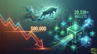 A vivid digital graphic contrasting market trends, featuring a downward-sloping, glowing orange and blue price chart with '$80,000' prominently displayed. To the left, a stylized green digital bull emerges from a cloud of binary code, set against a circuit board background. On the right, interconnected glowing green and blue cubes, some appearing as digital safes, represent crypto wallets, labeled '10-10k BTC' and '20,338+ WALLETS'. The dominant colors are deep blue, green, and orange.