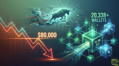 A vivid digital graphic contrasting market trends, featuring a downward-sloping, glowing orange and blue price chart with '$80,000' prominently displayed. To the left, a stylized green digital bull emerges from a cloud of binary code, set against a circuit board background. On the right, interconnected glowing green and blue cubes, some appearing as digital safes, represent crypto wallets, labeled '10-10k BTC' and '20,338+ WALLETS'. The dominant colors are deep blue, green, and orange.