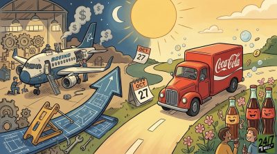 A split-view cartoon comparing a Boeing hangar under a night sky with mechanics working on a plane to a sunny road where a Coca-Cola truck travels past happy characters and flowers.