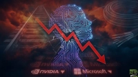 A dark, smoky image features a glowing blue and purple circuit board pattern forming a human head, overlaid with a prominent red jagged arrow pointing downwards. Below the head, the arrow passes over logos for NVIDIA and Microsoft, each accompanied by a small downward triangle. To the left, railroad tracks curve into the distance, and to the right, coiled fiber optic cables and a stripped cable with glowing ends are visible. The entire scene has a shattered glass effect, and faint text 'BofA' appears near the center right, with '24/7 WALL ST' in the bottom right corner.