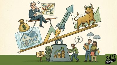 A satirical illustration showing a man in a suit balancing on a seesaw between a frozen house and a surging stock market bull while bond yields rocket upward.