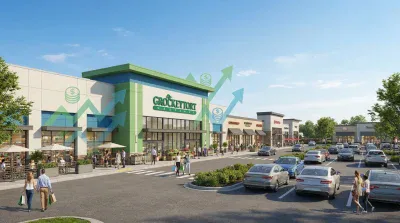 A bright, high-angle view of a bustling modern retail shopping center featuring a large green-accented grocery store named 'GROCKEYTORT GROCERY' and several smaller shops. Shoppers are visible on sidewalks and in a busy parking lot filled with cars. Large translucent green arrows pointing upwards with stacked dollar signs are overlaid on the buildings, indicating financial growth.