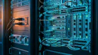 A close-up shot of an active server rack with numerous networked devices and organized cables. The rack is filled with horizontal server units, some with perforated fronts, displaying many small, blinking green and yellow indicator lights. Blue and teal lighting illuminates the right side, highlighting neatly bundled light blue, yellow, and orange cables connecting various ports. The left side is dimly lit with a warm, orange glow, showing power cables plugged into a module. The overall scene conveys a busy, high-tech data center environment.
