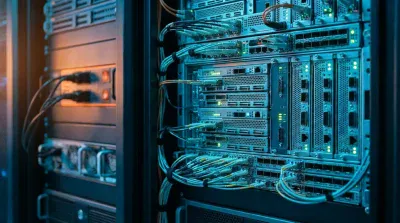 A close-up shot of an active server rack with numerous networked devices and organized cables. The rack is filled with horizontal server units, some with perforated fronts, displaying many small, blinking green and yellow indicator lights. Blue and teal lighting illuminates the right side, highlighting neatly bundled light blue, yellow, and orange cables connecting various ports. The left side is dimly lit with a warm, orange glow, showing power cables plugged into a module. The overall scene conveys a busy, high-tech data center environment.