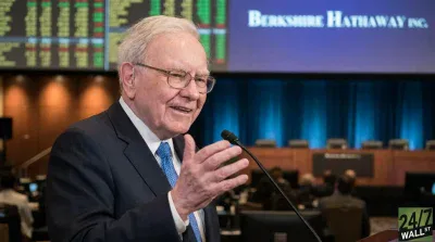A smiling Warren Buffett, an elderly man with white hair, glasses, and wearing a dark suit with a blue patterned tie, stands at a wooden podium speaking into a microphone. He is gesturing with his right hand, palm open. Behind him, a large blue screen prominently displays 'BERKSHIRE HATHAWAY INC.' in white text, and to the left, another screen shows columns of green and red financial data. The setting appears to be a corporate conference or meeting room.