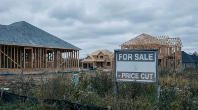 A wide shot of a residential construction site under a gloomy, overcast sky. In the foreground, a gray and brown 'FOR SALE - PRICE CUT' sign is visible amidst overgrown dry grass and weeds. Behind the sign, several houses are in various stages of construction, featuring exposed wooden frames; one house on the left has a completed gray shingle roof, while others show partial roofs and exposed timber. The overall mood is stark and reflects ongoing development challenges.
