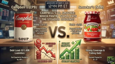 A graphic comparing Campbell's (CPB) and Smucker's (SJM) dividend stability, labeled 'Wednesday, October 21, 2026, 12:44 PM ET'. On the left, a Campbell's soup can is shown with details: Yield ~5.1%, Payout Ratio ~58% (midpoint earnings), Debt Load $11.49B Liabilities, Cut Quarterly Dividend by 36%, and a 'Dividend Cut' chart showing a sharp decline. On the right, a Smucker's strawberry jam jar is presented with details: Yield ~3.5%, Payout Ratio ~42% (raised guidance), Strong Coverage & Falling Debt, Raised Payout to $1.12, and a 'Steady Growth' chart showing an upward trend. A large 'VS.' separates the two companies in the center.