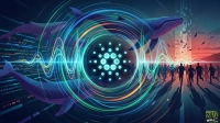 A digital illustration with a dark blue background features the glowing, circular Cardano (ADA) logo in the center, composed of many smaller cyan dots. Vibrant, wavy lines of green, orange, blue, and purple emanate from and encircle the logo, suggesting energy and data flow. Several stylized blue and purple whales swim horizontally through the scene. On the right, a silhouette of a crowd of people runs towards the center, set against a backdrop of a city breaking apart and a warm orange and red sky. The 24/7 Wall St logo is in the bottom right corner.