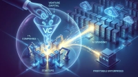 A digital illustration shows a large hand dropping glowing, coin-like tokens into a 'VC' labeled funnel. The funnel narrows, releasing the tokens into several server racks labeled 'Startups,' with robotic arms working on them. A segment is labeled '1% Companies.' From these startups, bright golden data streams flow rightward, labeled 'AI Spending,' connecting to a larger cluster of server racks and cloud icons labeled 'Profitable Enterprises.' The overall color scheme is deep blue and purple with vibrant golden and light blue glowing elements.