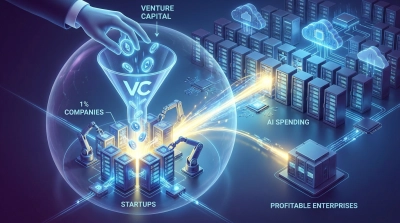 A digital illustration shows a large hand dropping glowing, coin-like tokens into a 'VC' labeled funnel. The funnel narrows, releasing the tokens into several server racks labeled 'Startups,' with robotic arms working on them. A segment is labeled '1% Companies.' From these startups, bright golden data streams flow rightward, labeled 'AI Spending,' connecting to a larger cluster of server racks and cloud icons labeled 'Profitable Enterprises.' The overall color scheme is deep blue and purple with vibrant golden and light blue glowing elements.