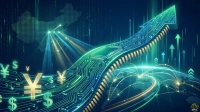 A futuristic digital graphic with a blue and green color scheme. A stylized, glowing map of China is visible in the upper left, emitting light beams. A prominent, curving green circuit board with golden contacts forms a large upward-pointing arrow. Various dollar and yuan currency symbols float around the circuit board. Below the circuit board, a global network of interconnected lines spans across a grid-patterned earth. The background features binary code and multiple smaller green upward arrows, all contributing to a sense of growth and technological advancement.