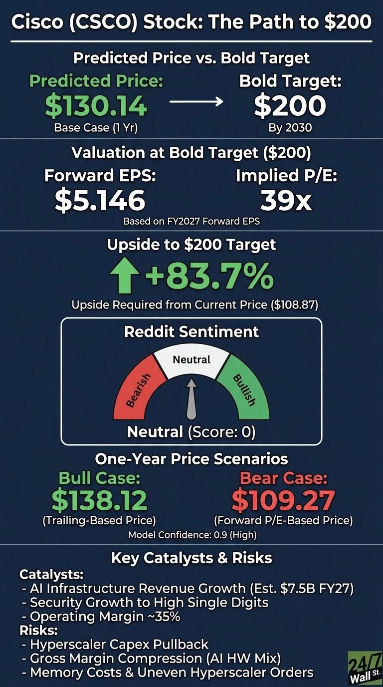 An infographic titled 'Cisco (CSCO) Stock: The Path to $200'. It shows a Predicted Price of $130.14 (Base Case, 1 Yr) aiming for a Bold Target of $200 (By 2030). Valuation at the $200 target includes a Forward EPS of $5.146 and an Implied P/E of 39x, based on FY2027 Forward EPS. An Upside to $200 Target of +83.7% is required from the current price of $108.87. Reddit Sentiment is displayed as Neutral (Score: 0) on a gauge showing Bearish, Neutral, and Bullish zones. One-Year Price Scenarios include a Bull Case of $138.12 (Trailing-Based Price) and a Bear Case of $109.27 (Forward P/E-Based Price), with a Model Confidence of 0.9 (High). Key Catalysts are listed as AI Infrastructure Revenue Growth (Est. $7.5B FY27), Security Growth to High Single Digits, and Operating Margin ~35%. Risks include Hyperscaler Capex Pullback, Gross Margin Compression (AI HW Mix), and Memory Costs & Uneven Hyperscaler Orders. The infographic uses a dark blue background with white, green, and red text elements.