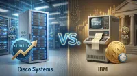 A conceptual image depicting a 'VS.' comparison between Cisco Systems and IBM. On the left, representing Cisco, is a sleek, modern silver server rack with blue light accents, accompanied by a shield labeled 'GROWTH FOCUS' with an upward chart, and a blue circle with an upward-pointing gold arrow. The background features blue digital binary code. On the right, symbolizing IBM, is a vintage grey computer with 'IBM' on its screen and a paper printout, along with a shield labeled 'INCOME STABILITY' with a dollar sign, and a large gold dollar coin next to a small clock. The background here shows a classical building facade and gold bar charts. A glowing 'VS.' in the center separates the two, connected by a circuit board design that splits into blue on the left and gold on the right.