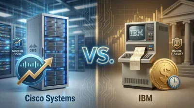 A conceptual image depicting a 'VS.' comparison between Cisco Systems and IBM. On the left, representing Cisco, is a sleek, modern silver server rack with blue light accents, accompanied by a shield labeled 'GROWTH FOCUS' with an upward chart, and a blue circle with an upward-pointing gold arrow. The background features blue digital binary code. On the right, symbolizing IBM, is a vintage grey computer with 'IBM' on its screen and a paper printout, along with a shield labeled 'INCOME STABILITY' with a dollar sign, and a large gold dollar coin next to a small clock. The background here shows a classical building facade and gold bar charts. A glowing 'VS.' in the center separates the two, connected by a circuit board design that splits into blue on the left and gold on the right.