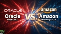 A highly stylized graphic depicting a competitive showdown between Oracle and Amazon. The left side is dominated by red and features the 'ORACLE' logo and 'Oracle NYSE:ORCL' text over a circuit board background with red light trails. The right side is in blue and orange, displaying the 'amazon' logo and 'Amazon NASDAQ:AMZN' text over a data center rack background with orange light trails. A prominent, glowing 'VS.' symbol with lightning bolts in gold and silver colors divides the two companies in the center. The bottom left corner includes a '24/7 WALL ST' logo.