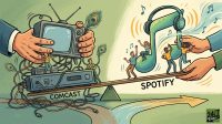 An illustration of a balance scale with a heavy vintage TV and cables on the Comcast side and a light musical note with headphones on the Spotify side.