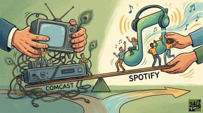 An illustration of a balance scale with a heavy vintage TV and cables on the Comcast side and a light musical note with headphones on the Spotify side.